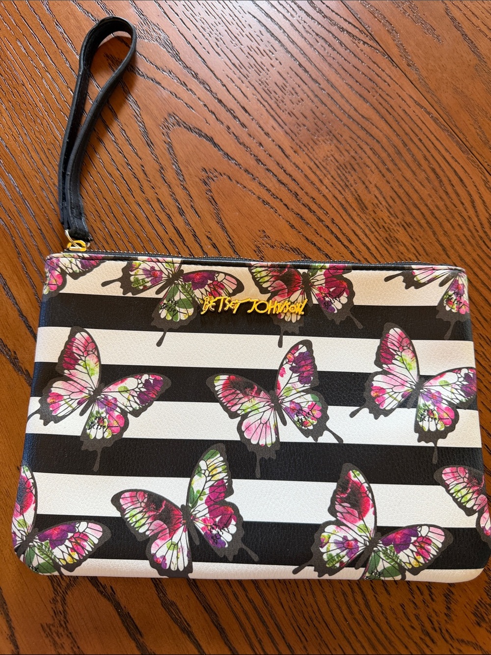 Betsey Johnson Black & White Stripe Butterfly Wristlet